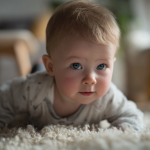 Bébé à quatre pattes sur un tapis dans un salon lumineux, encouragé doucement par un parent pour l’aider à avancer.