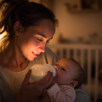 Maman donnant le dernier biberon du soir à son bébé de 4 mois dans une chambre douce et tamisée
