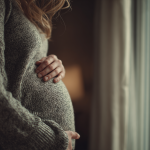 Femme enceinte de deux mois montrant un léger ventre de grossesse dans un intérieur lumineux et apaisant.