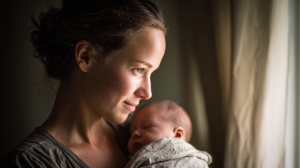 Maman tenant son bébé de 1 mois dans une chambre lumineuse, moment tendre illustrant le rythme quotidien, le sommeil et l’alimentation du nourrisson.