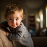 Bébé de 8 mois apprenant à se mettre debout avec appui dans un salon lumineux
