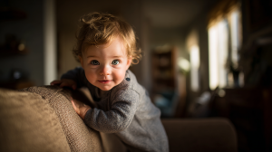 Bébé de 8 mois apprenant à se mettre debout avec appui dans un salon lumineux