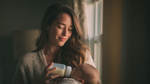Bébé qui ne finit pas son biberon dans les bras de sa mère dans une chambre lumineuse et apaisante