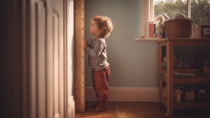 Enfant de 3 ans mesuré devant une toise pour suivre sa croissance