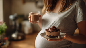 mousse au chocolat enceinte : une femme enceinte hésite à consommer un dessert au chocolat