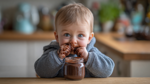 Bébé mangeant du Nutella directement dans le pot avec le visage plein de chocolat